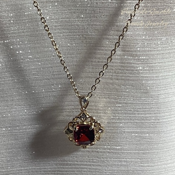 10k Gold Plated Cushion Cut Prong Set Simulated Red Ruby(Cz)Pendant Necklace - Picture 11 of 16
